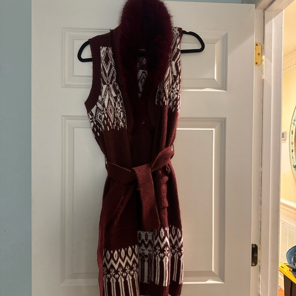 Burgundy Knit Vest with White Pattern